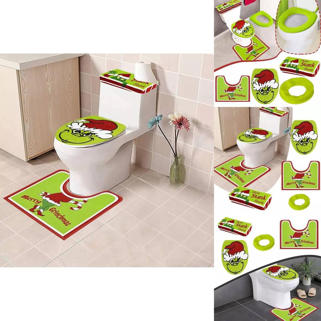 Set Decorazioni Bagno Natale Copriwater e Tappetino Verde Festivo del Grinch