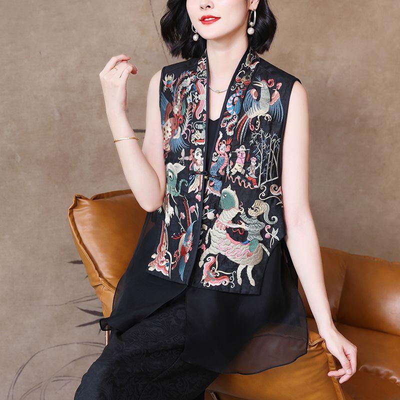 

Vintage Chinese Style Vests Jacket Stitched Mesh Embroidered Buckle Tang Costume Coat Summer Unique Sleeveless Women s Vest 3XL чорний