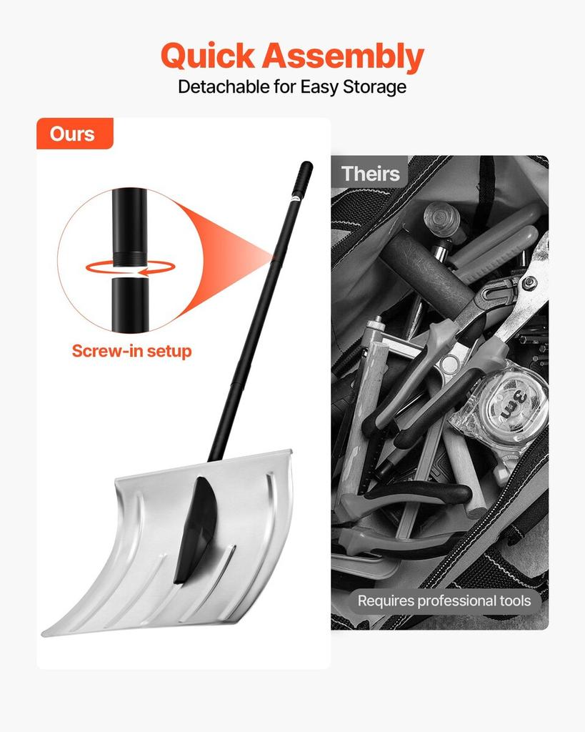 Snow Shovel for Driveway, 40cm Wide Aluminum Alloy Snow Shovel, Non Slip Grip, Large Capacity Snowplow Shovels, Detachable & Lightweight Snows Removal