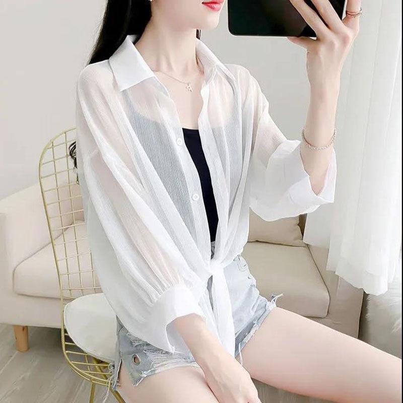 Chiffon Doll Sleeve Cardigan Women's Thin Sun Protection Shirt Short Outer Shawl Loose Top Thin Coat White Polo Collar Shirt