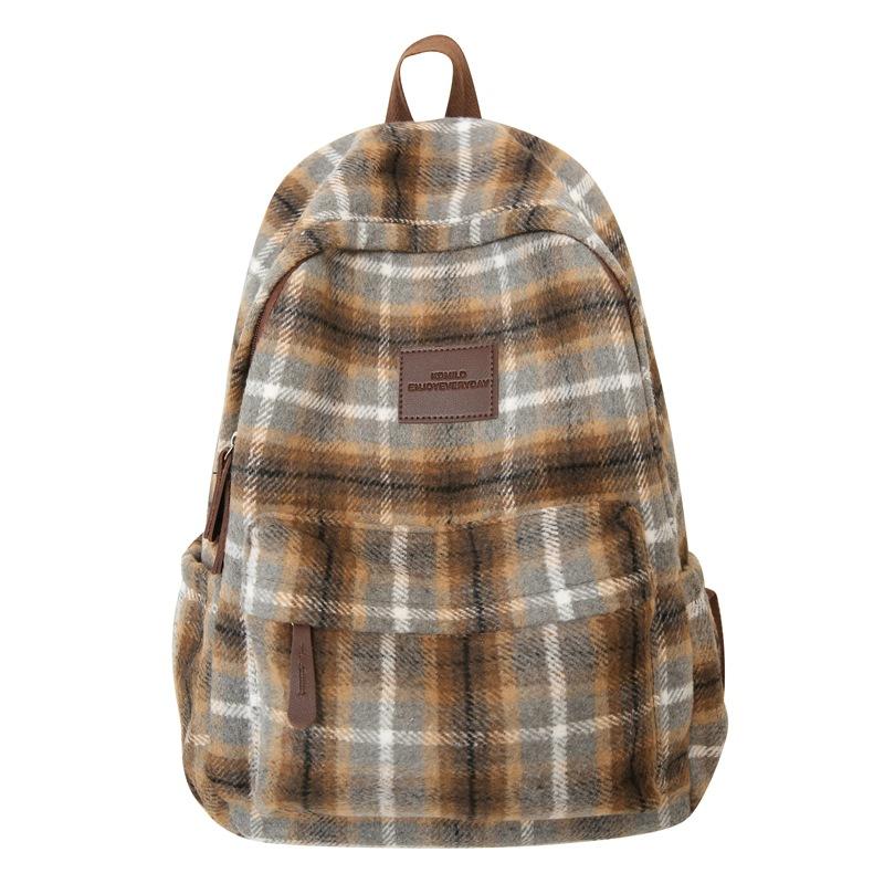 Schultaschen-Rucksack für Damen, wollener Herbst/Winter neuer Mittelschulrucksack, einfacher karierter Reiserucksack, Schulranzen im College-Stil