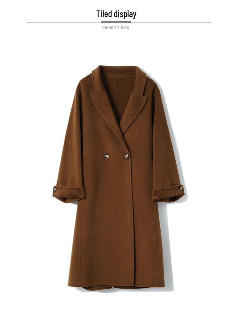 Karmelowy dwustronny kaszmirowy damski płaszcz wełniany średniej długości - Jesień/Zima 2023, dopasowany krój z taliowaniem.