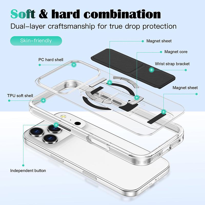iPhone 17 Pro Max Case with Folding Stand, Crystal Wristband, Magnetic, Transparent, and Drop-Proof.