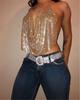 European & American Fashion Rhinestone Chain Strap Deep V Backless Crop Top