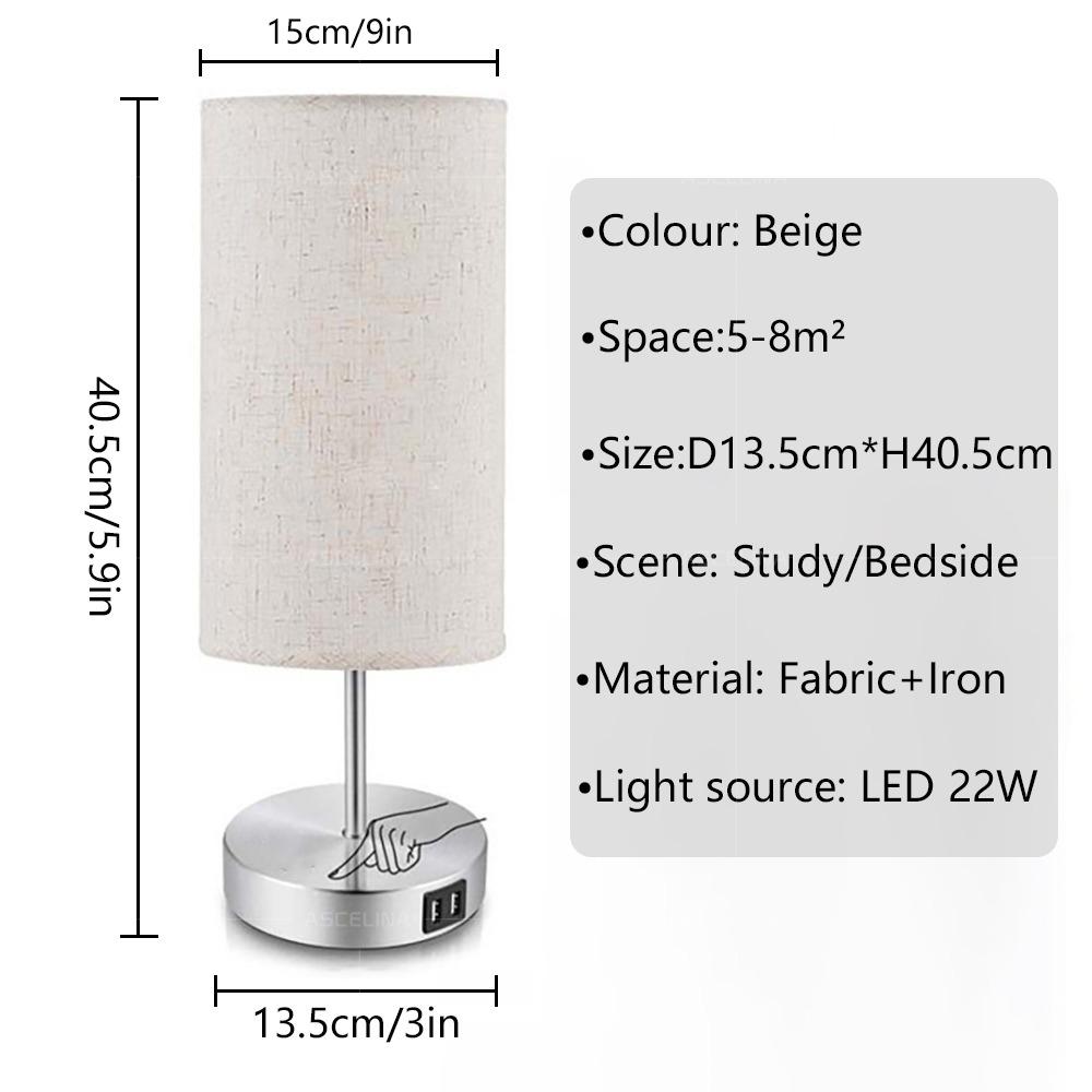 Table Modern Lamps Faux woodgrain fabric shade Dual USB ports bedside touch 3-speed dimmable table lamps Study living room table