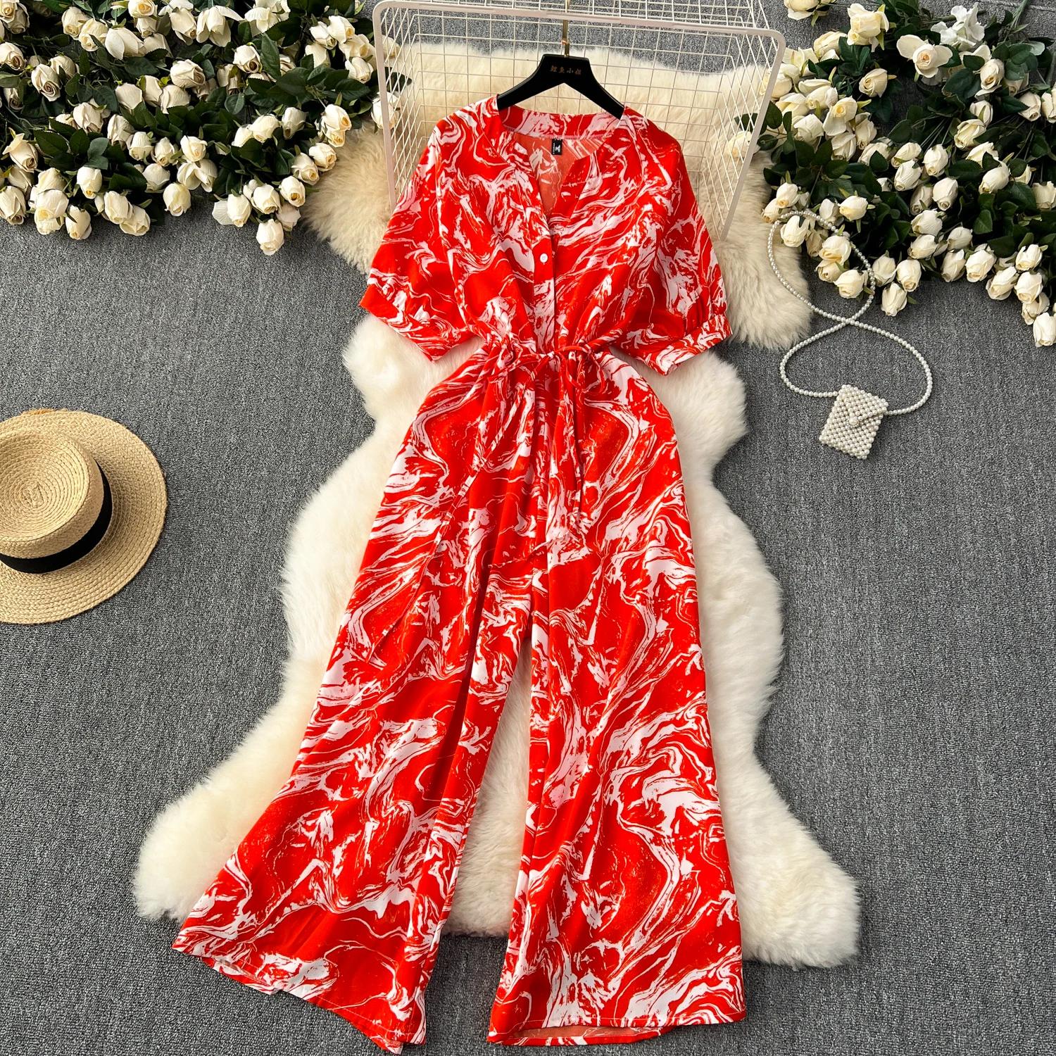 Летний повседневный женский комбинезон с широкими штанинами и принтом — фото 3