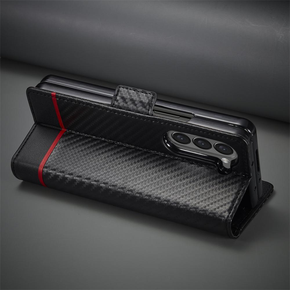 Carbon Fiber PU Leather Flip Wallet with Card Holder Phone Case For Samsung Galaxy Z Fold 7 6 5 4 3 Fold7 Fold6 Fold5 Fold4 5G