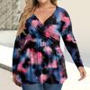 Women's Plus Size Shirt Long Sleeve  Print Top Pleated Casual V-Neck Top
