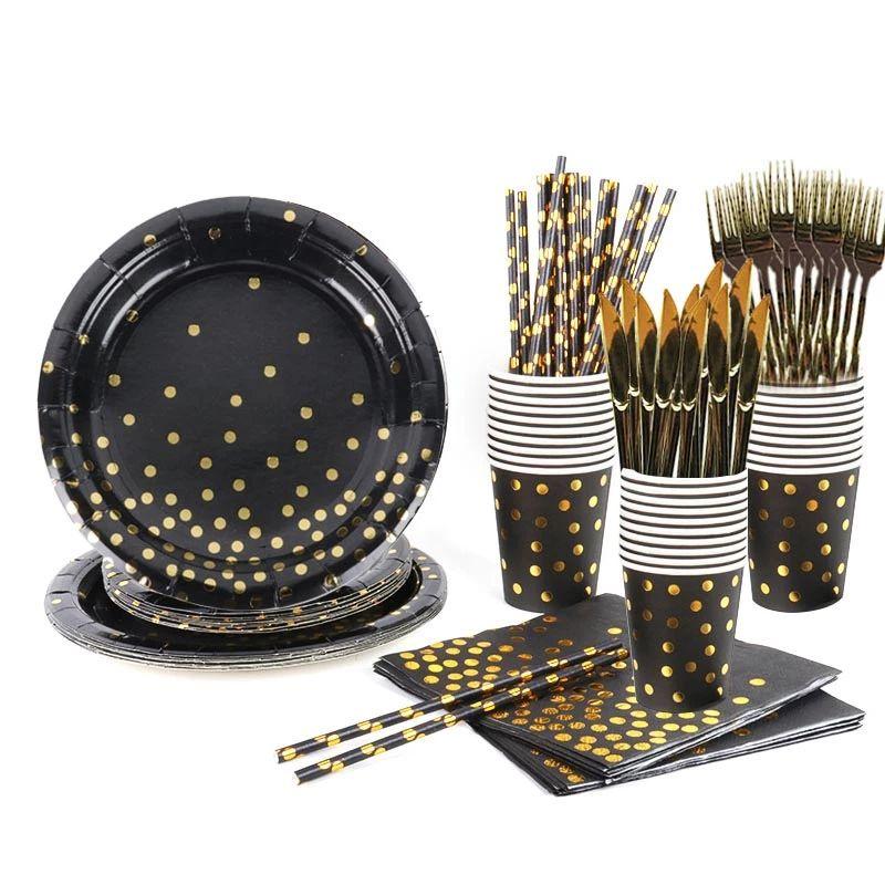 Elegant Black Gold Stamping Party Tableware Supply Perfect For Weddings Birthdays And Baby Showers