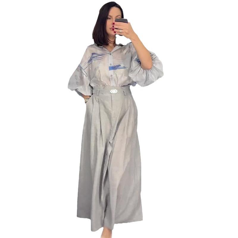 2024 Autumn Women's Puff Sleeve Shirt and High Waist Midi Skirt Two-Piece Set