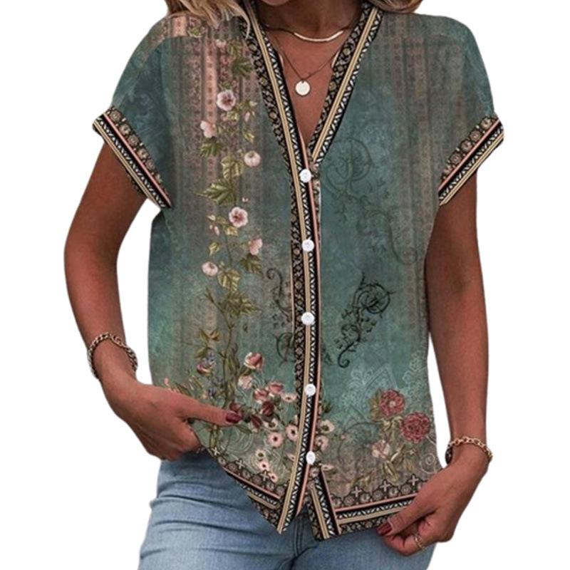 2025 Retro Ethnic Print V-Neck Dolman Sleeve T-shirt