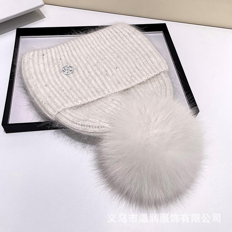 Bestseller M Logo Beanie Hat Women Winter Warm Faux Fox Fur Pom Knit Wooly Cap Slouchy Pull-On