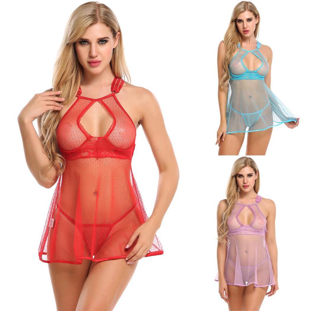 Women Sexy Lingerie Dress Babydoll Halter Underwired Open Back Sleepwear Nightwear with G-string