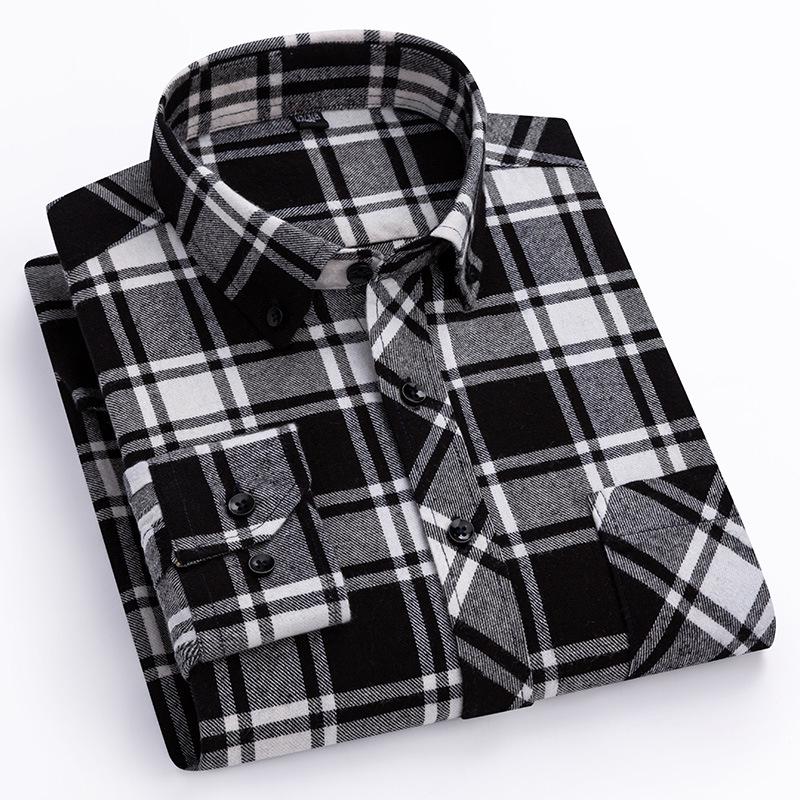 Men's Plus Size Pure Cotton Brushed Plaid Long Sleeve Shirt - Business Casual & Breathable