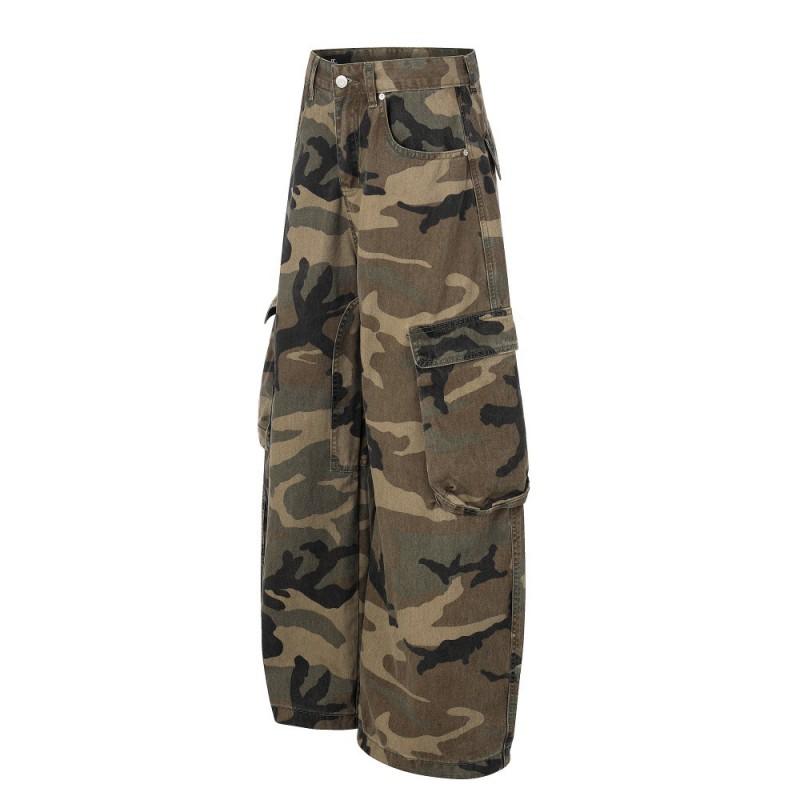 Mens Camo Cargo Pants Loose Fit Wide Leg Streetwear Trousers Cotton Workwear Casual Outdoor