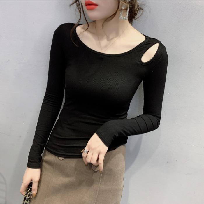 

Sexy Hollow T-shirt for Women Long-sleeved Blouse Latest Stylishable Inner Bottoming Blouse Slim and Versatile Top 2XL чорний