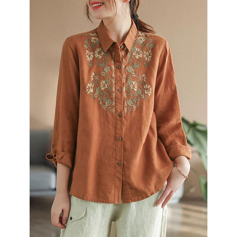 

Рубашка с длинными рукавами из хлопка и льна с вышивкой, женская, весна-осень, модная, свободная и тонкая, удобная рубашка, нижняя часть рубашки XXL