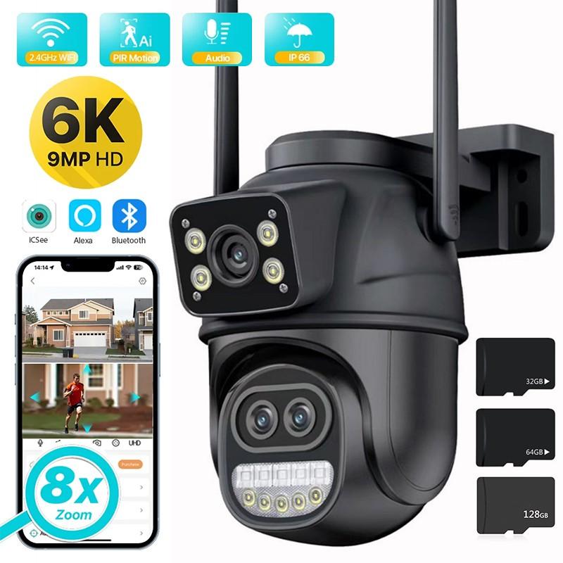 

14LED 6K три объектива Ptz Wi-Fi камера IP66 водонепроницаемая наружная панорамная камера наблюдения поддержка обнаружения гуманоидов двусторонняя аудиосвязь