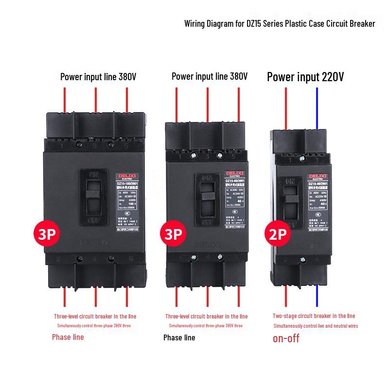DELIXI Plastic Circuit Breaker DZ15: Three-Phase or Single-Phase 2P/3P Air Switch, 63A/100A