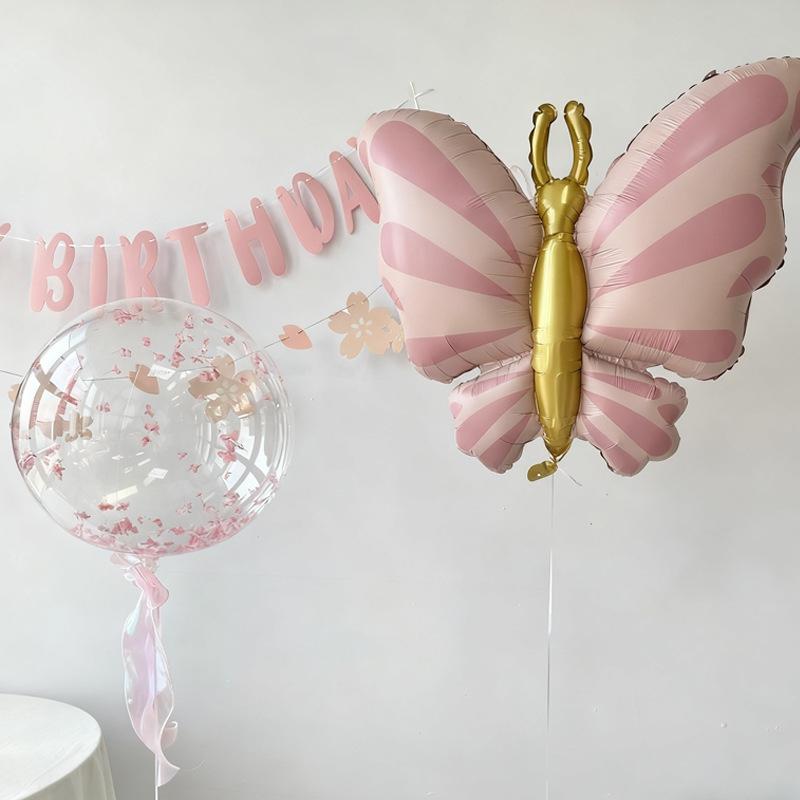 Pink Butterfly Birthday Balloons Aluminum Film Balloon  Heart Shaped Balloons with Bow Wedding Party Baby Shower Supplies Globos