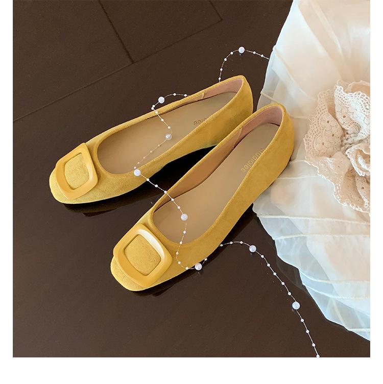 Sheepskin Version~ Gentle Wind Leather Square Head Shallow Mouth Single Shoes Women's New Versatile and Not Tired Foot Square Buckle Commuter Flats