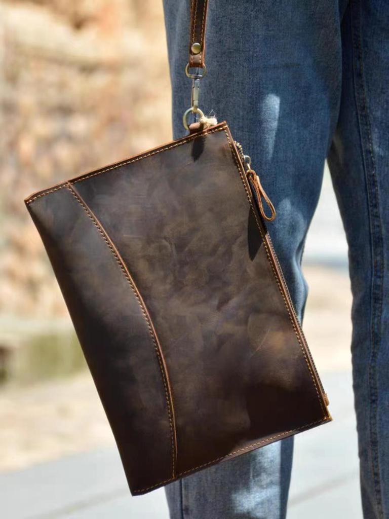 Herren Vintage Crazy Horse Leder Lange Clutch Tasche – Echte Rindsleder Umschlag Handtasche