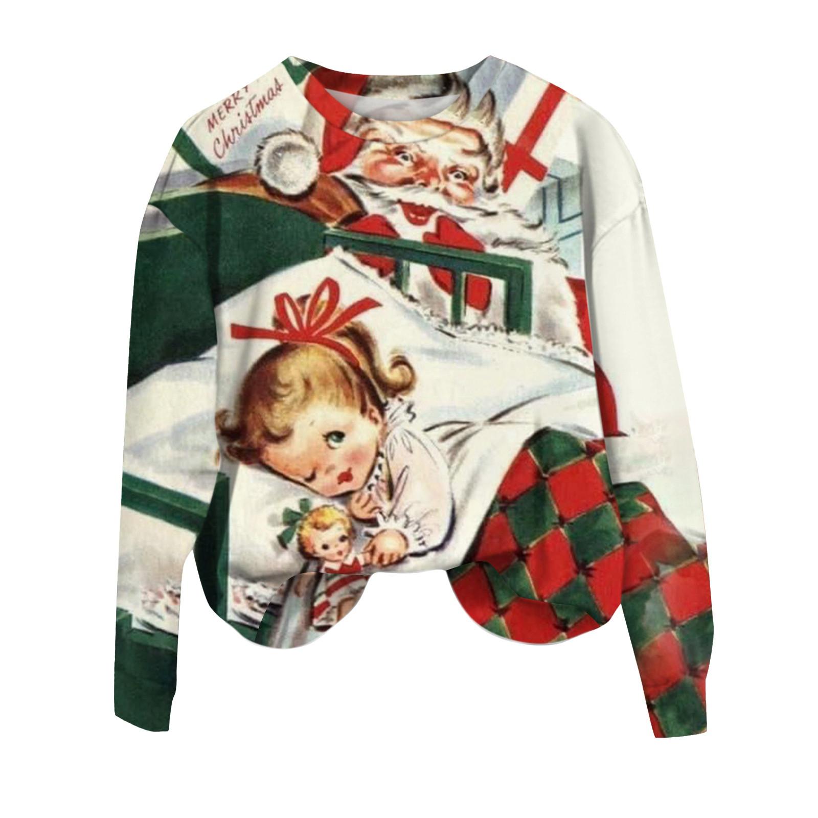 Женская повседневная мода рождественский принт длинный рукав O-образный вырез пуловер — фото 3