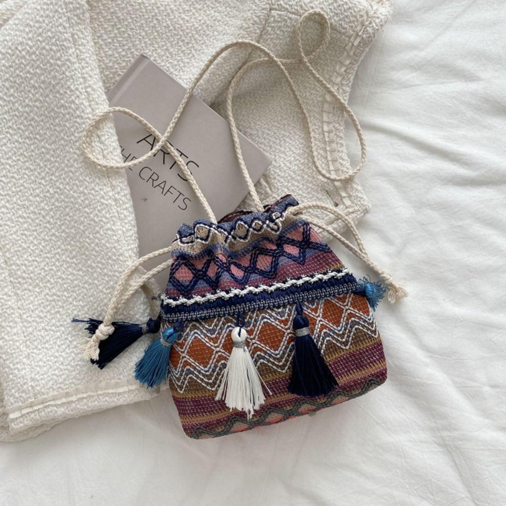 

Embroidery Tassel Bag Bucket Bag Ethnic Style Bag Crossbody Bags Women Shoulder Bag Drawstring Bag C