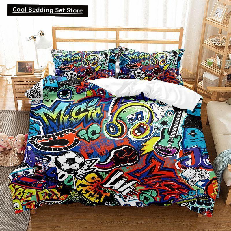 Hippie Graffiti Duvet Cover Set King Queen Size for Kids Boys Youth Polyester Comforter Cover Modern Street Art Bedspread Cover