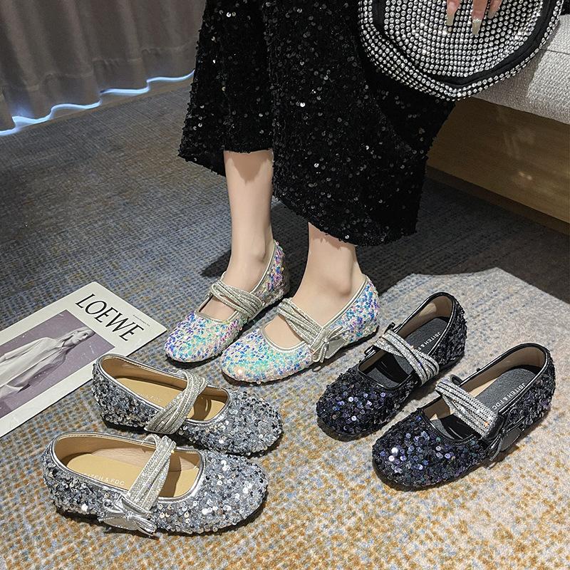 French Inner Height Increase Sequined Mary Jane Shoes Women's 2025 New Autumn Bow Word with Soft Sole Light Mouth Single Shoes