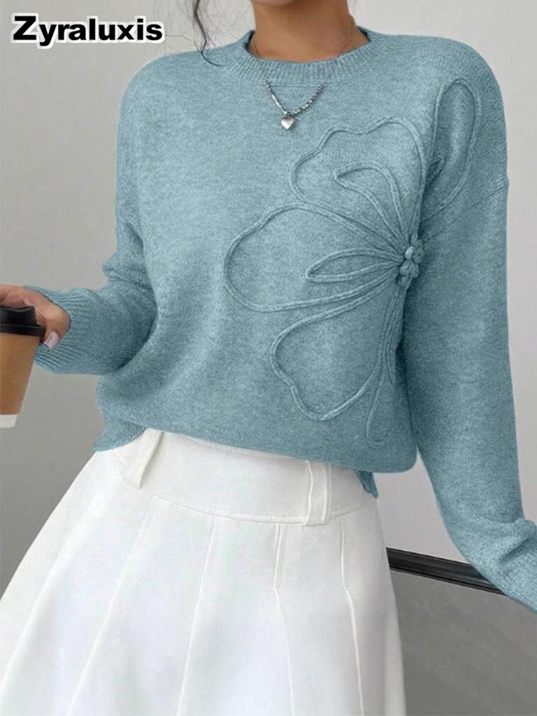 Women's Autumn Winter Fashion Elegant Casual Floral Crewneck Knit Sweater