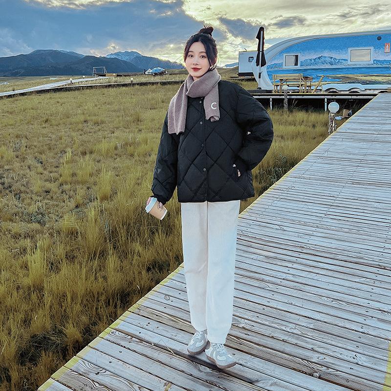 Autumn and Winter Cotton Clothes Women's Light Collarless Short Rhombus Plaid Crew Neck Cotton-padded Clothes Loose Jacket Jacket