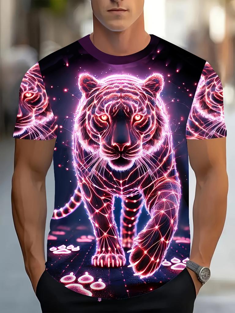 Herren 3D Tiger bedrucktes Kurzarm Rundhals T-Shirt Atmungsaktiv Stretch Lässig Mode T-Shirt Outdoor Party Wochenendbekleidung Tops