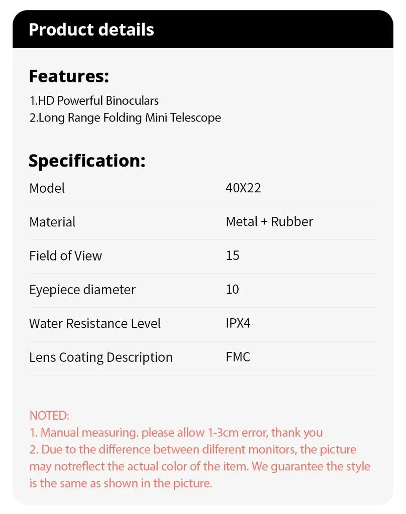 40x22 HD Potężna Lornetka 2000M Dalekiego Zasięgu Składany Mini Teleskop BAK4 Optyka FMC Do Sportów Myśliwskich Outdoor Camping Travel