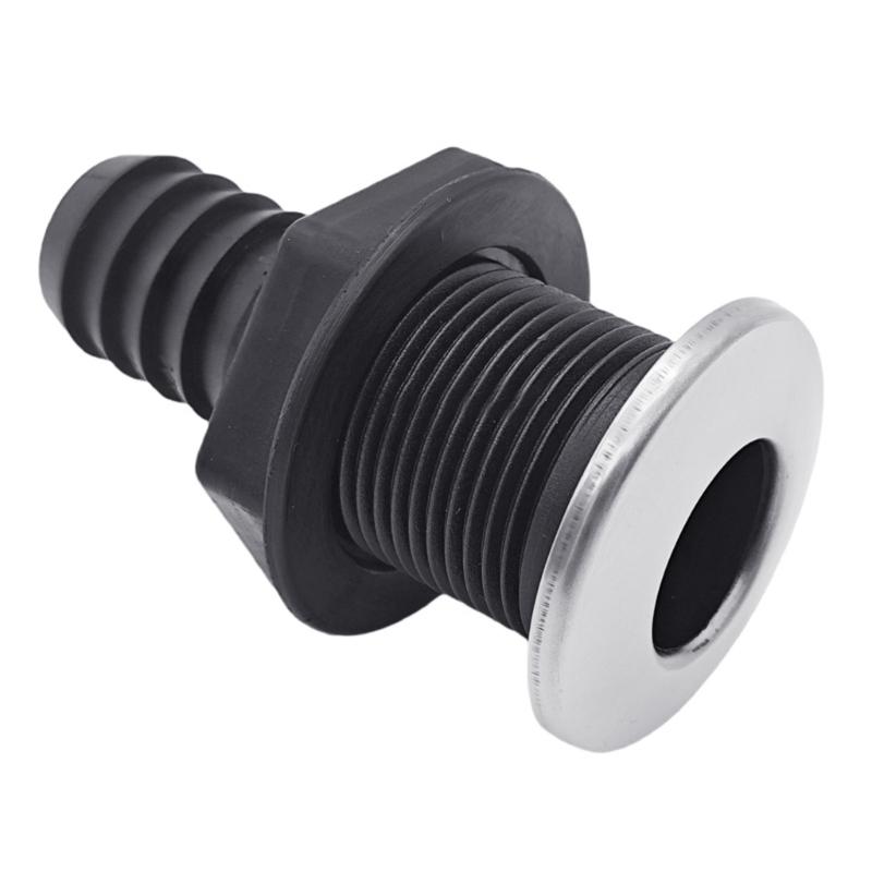 Marine Drain Fitting 1 Inch Boat Deck Drain Outlet with Straight Threaded Body, Nylon Construction and Stainless Steel Outer Trim for Hull Repair