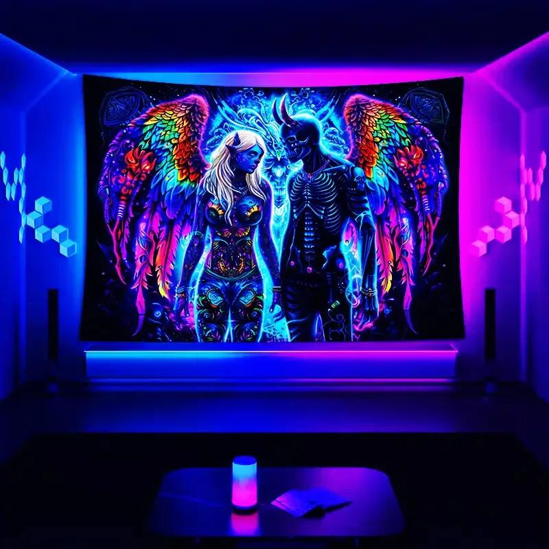 Blacklight Tapestry Psychedelic Skull and Angel with Rainbow Wings Wall Hanging Background Cloth for Home 100X70CM