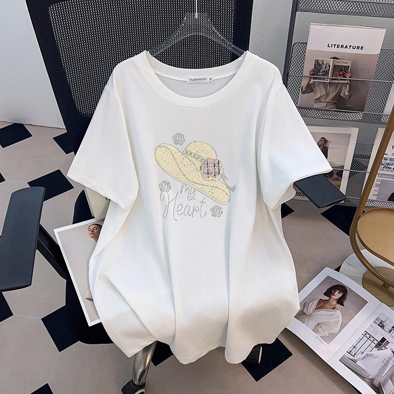 Women's Plus Size Short-Sleeve Mid-Length Round Neck Slimming T-Shirt (200/300/350 Jin)