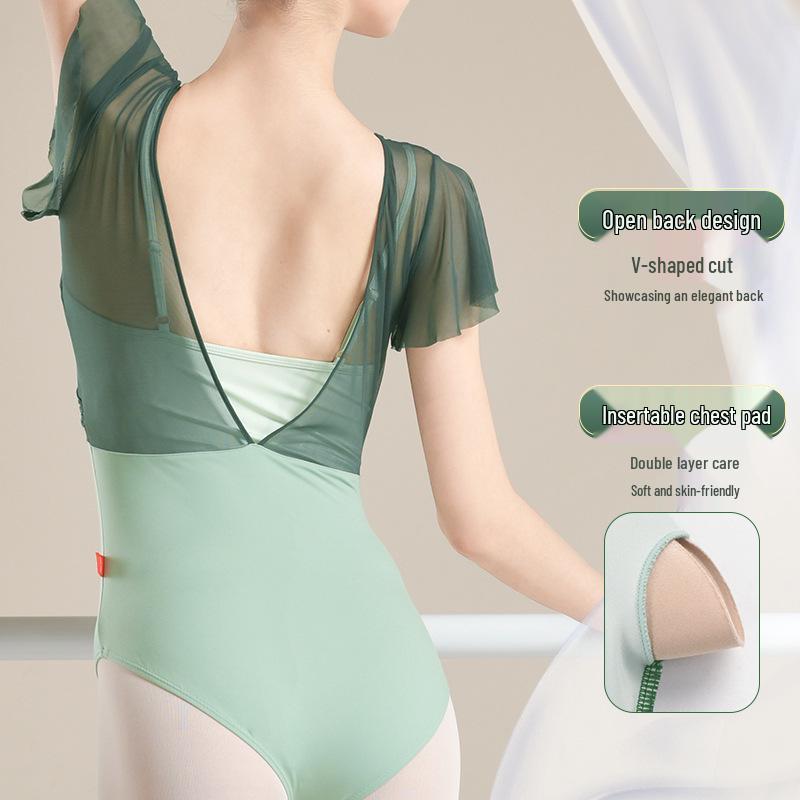 Summer Short-Sleeve Ballet Practice Dance Costume - Faux Two-Piece Jumpsuit for Body Shaping