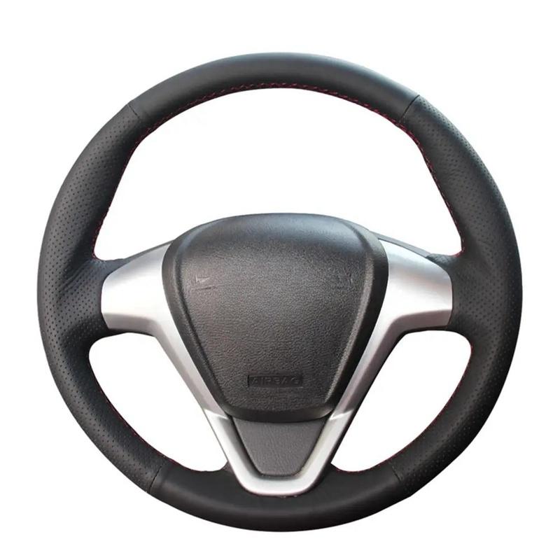 Black  Leather Steering Wheel Cover Hand-stitched Car Steering Wheel Covers For Ford Fiesta 2008-2017 EcoSport 2014-2017