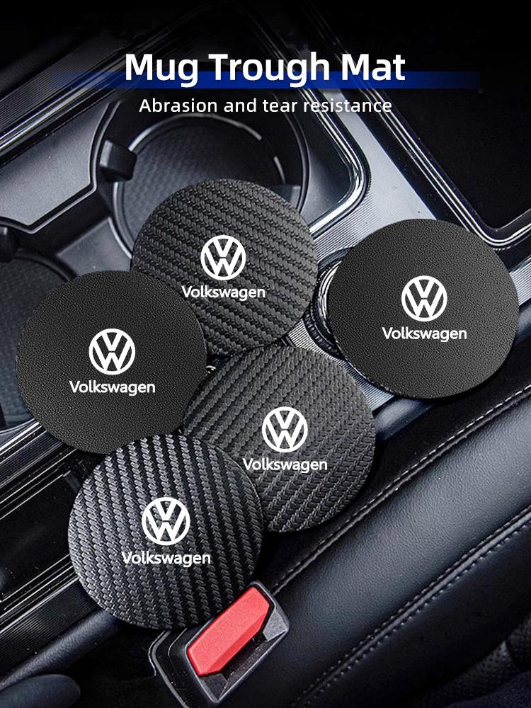 2Pcs Car Leather/Carbon Fiber Water Cup Coasters Anti-Slip Pads For VW Passat Golf Tiguan Polo Scirocco Jetta CC Touareg Touran QO9