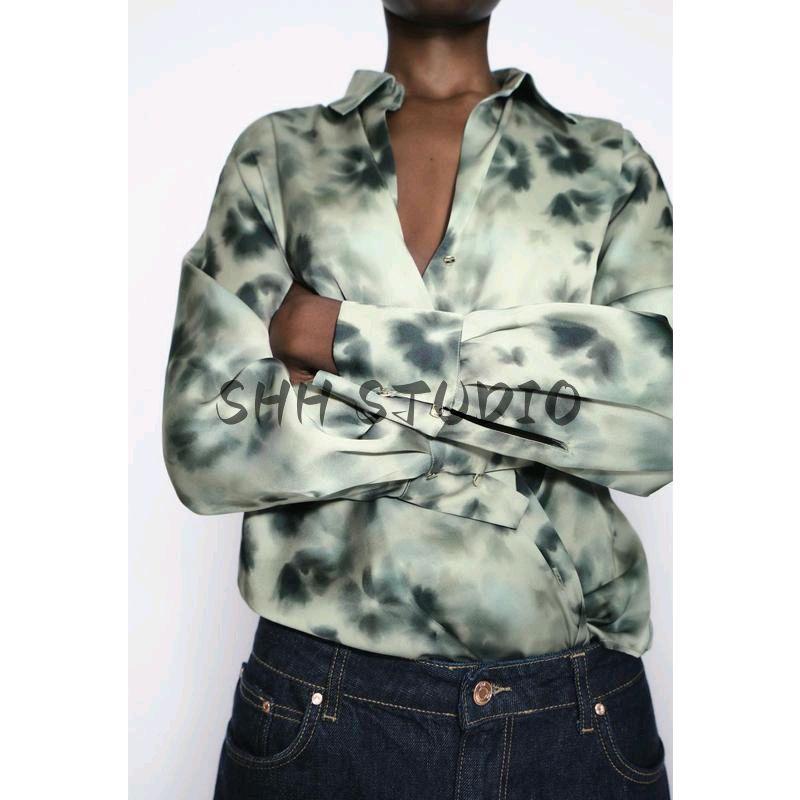 Spring New Women's Clothing Print Silk Satin Texture Long Sleeves Lapel Casual Shirt 2074114 2075114