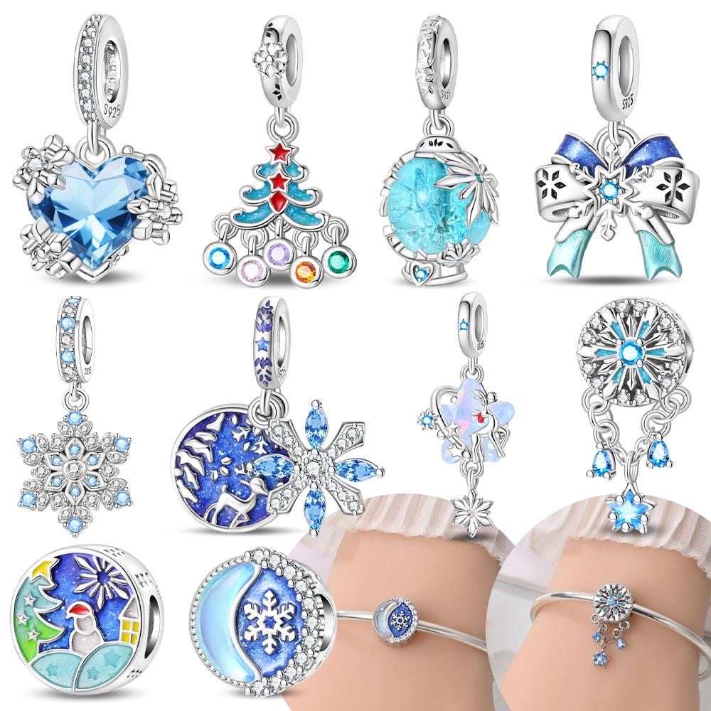 Authentic copper Blue Snowflake Bow Pendant Romantic Star Shape Glass Heart Bead Charms Compatible With Bracelets Diy Jewellery Gift Accessory Making