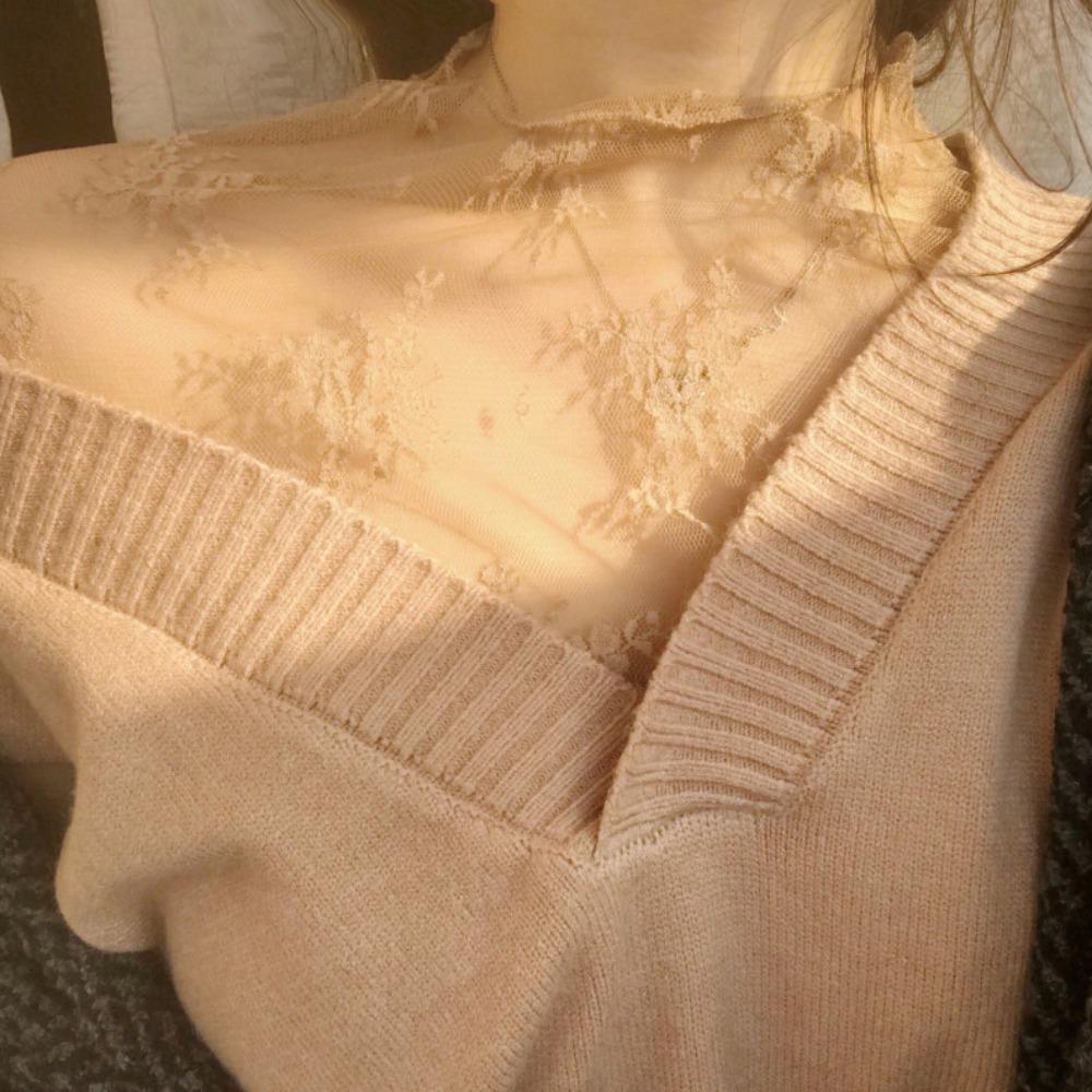 Long Sleeve Lace Bottomed Blouse Hollow Lace Floral  Shirts Elegant See Through Tops  Girls