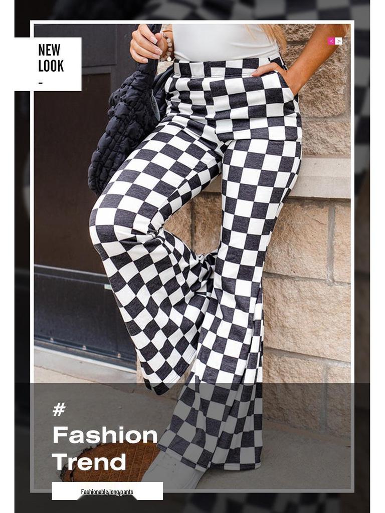 Shiying Checkered High Waist Wide Leg Pants - Casual, Fashionable, Versatile, Simple European and American Style.