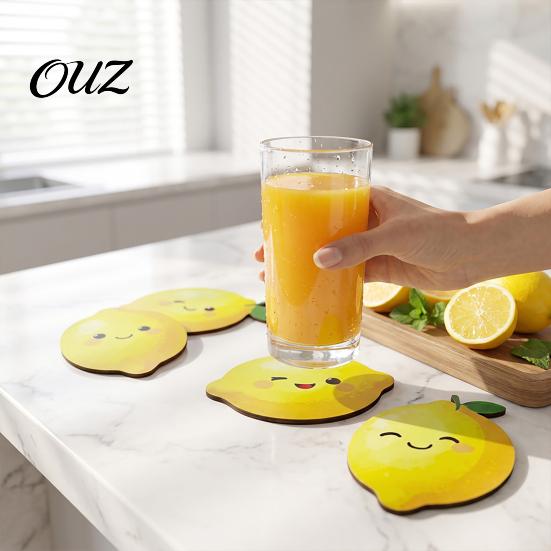 Functional Coffee Table Coasters 4PCS Cute Lemon Shape Wooden Coasters, Non-slip Heat Insulation Pads, Shaped Decorative Tableware for Kitchen Dining