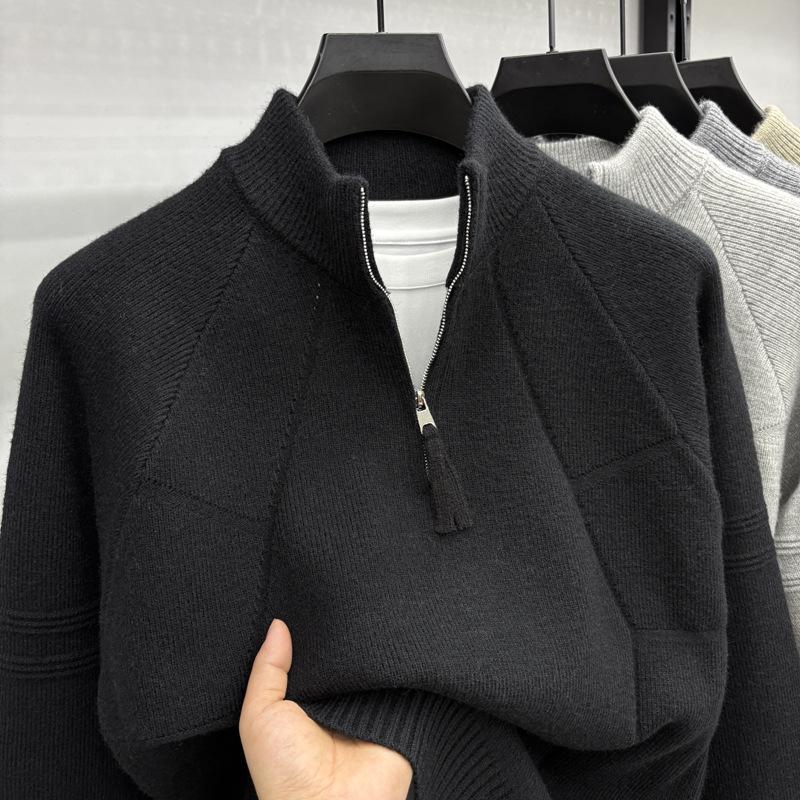 Men's Retro Jacquard Knit Sweater with Zipper Collar - Stylish & Versatile for Autumn/Winter