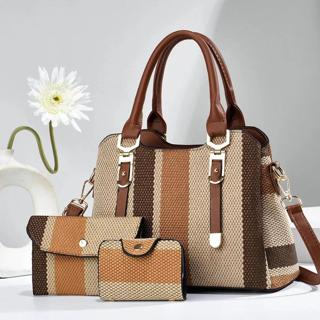 Versatile Tote Bag Women's Korean Single Shoulder Large Bag New Women's Crossbody Bag Ladies Casual Stripe Women Handbag + Purse