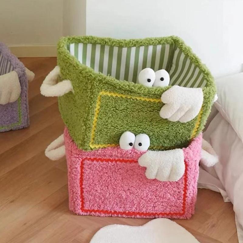 1pc Flannel Toys Storage Basket Foldable Cartoon Storage Basket Large Capacity Snacks Toys Sort Box Laundry Basket Toy Organizer