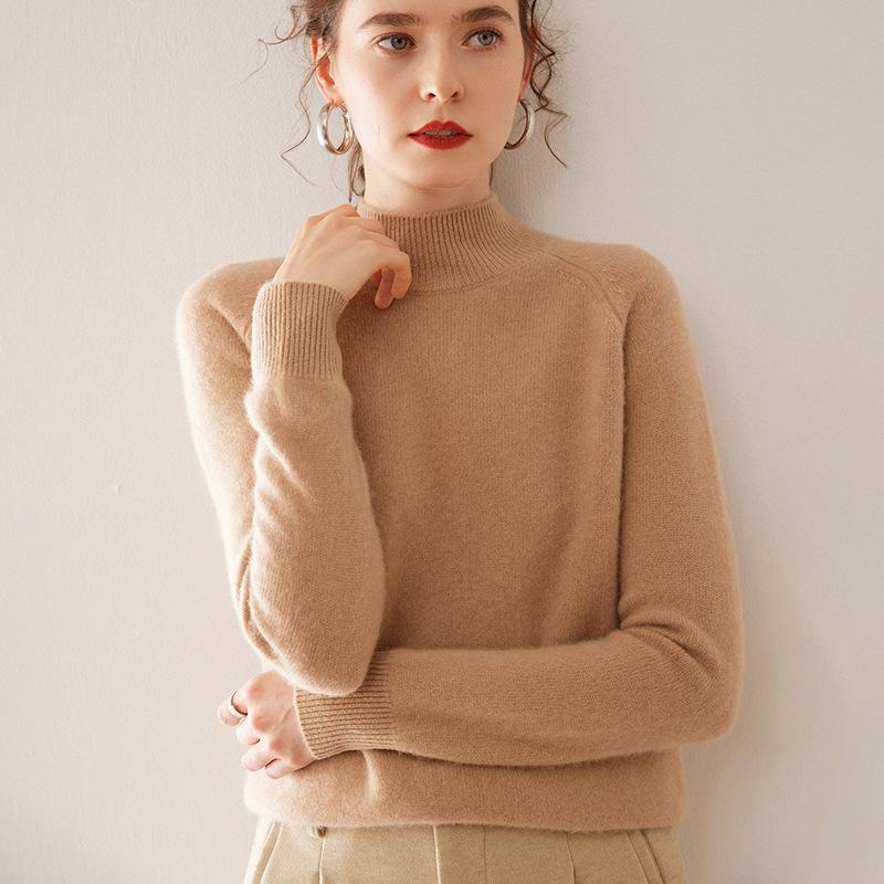 2024 Women's Autumn/Winter Thickened Slim Fit Cashmere Sweater - Semi-High Neck, Solid Color, Warm Knit Base Layer