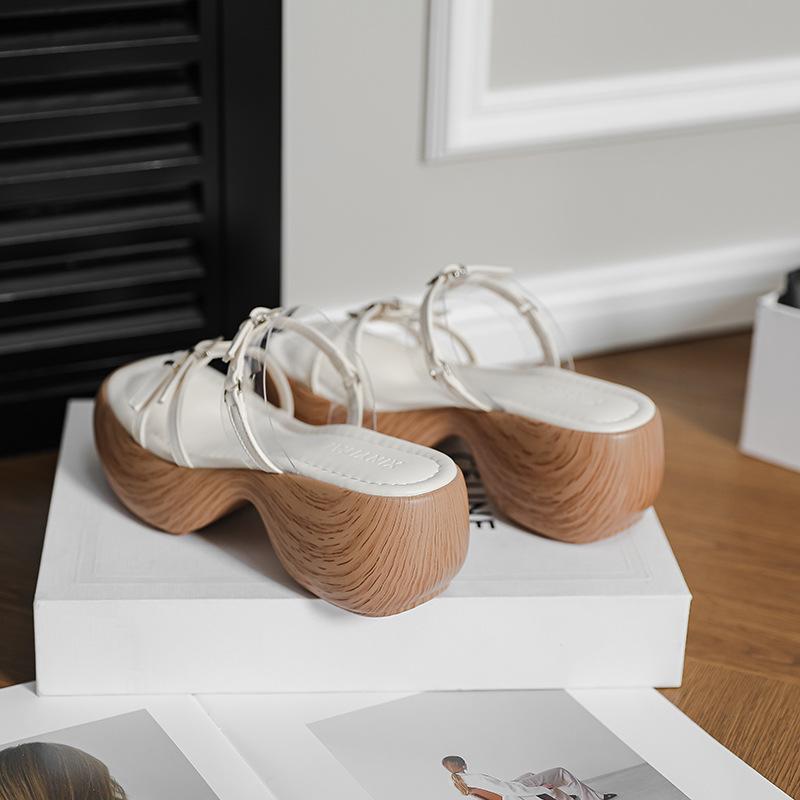 Roman Holiday Style High-end Soft-soled Heightened One-word Open-toed Platform Sandals Thin Strips Wood Grain Wedge Heel Muffin Shoes